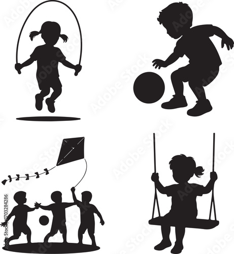 Silhouette icons of children playing jump rope soccer kite and swing Keywords: silhouette, children
