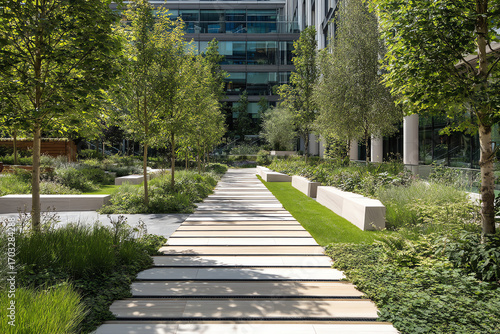 Modern urban garden with a paved walkway, green trees, shrubs, and benches, surrounded by office buildings under natural daylight