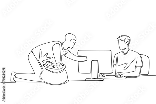 Single one line drawing a man typing and thief putting the hand into the monitor. Weak password are cracked by hacker. National Senior Fraud Awareness Day. Continuous line design graphic illustration