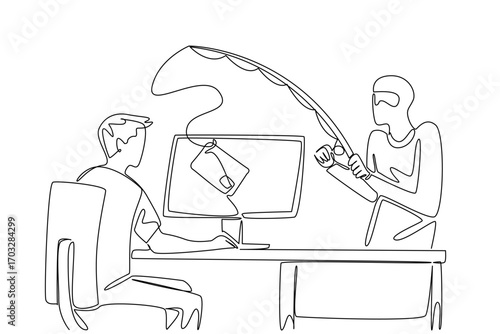 Continuous one line drawing man typing and thief fishing credit card from top of screen. Hacker commit cyber crimes. National Senior Fraud Awareness Day. Single line draw design vector illustration