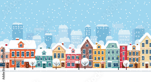 Cozy winter townscape with gentle snow falling on colorful buildings and trees under a clear sky