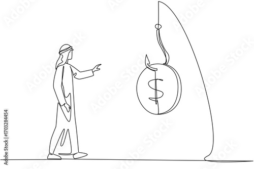 Single continuous line drawing an arab man chases a hook with a dollar coin attached. Small change trap. Troubled investment. National Senior Fraud Awareness Day. One line design vector illustration