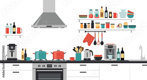 A modern kitchen countertop filled with appliances utensils and cookware for culinary preparations and delicious meals