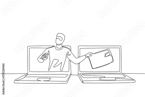 Single continuous line drawing a masked thief taking a credit card from another laptop screen. The system is easy to hack. National Senior Fraud Awareness Day. One line design vector illustration