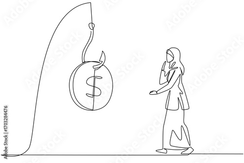 Continuous one line drawing an arab woman chases a hook with a dollar coin attached. Lured by fraudulent investments. National Senior Fraud Awareness Day. Single line draw design vector illustration