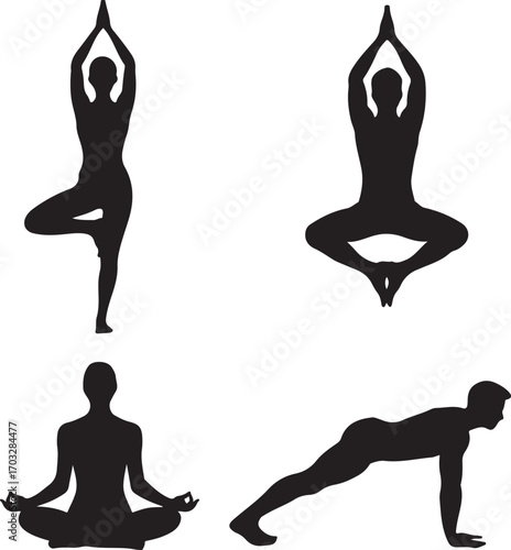 Yoga Poses Silhouettes Collection With Four Different Poses vector