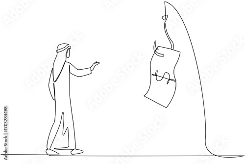 Single one line drawing arab man chasing a hook with dollar bills attached to it. Attractive investment offer. Illegal. National Senior Fraud Awareness Day. Continuous line design graphic illustration
