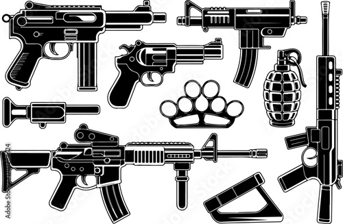 Black and White Gun and Ammunition Illustration Set