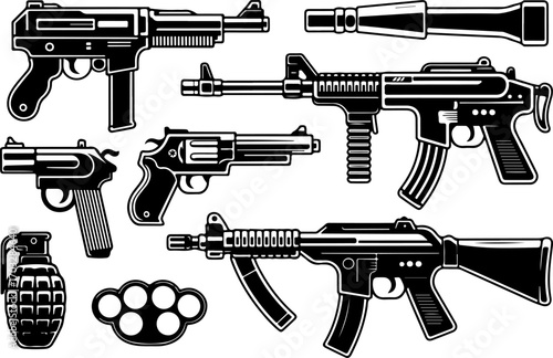 Black and White Gun and Ammunition Illustration Set