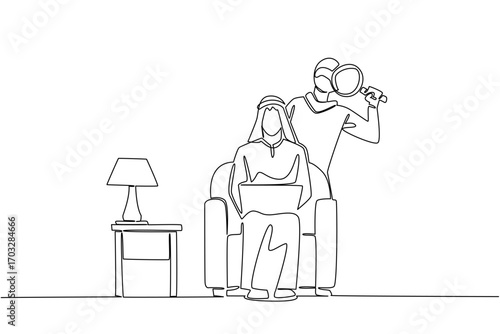 Single continuous line drawing an arab man holds a laptop and the thief uses a magnifier. Looking for loopholes to cheat. Hack. National Senior Fraud Awareness Day. One line design vector illustration