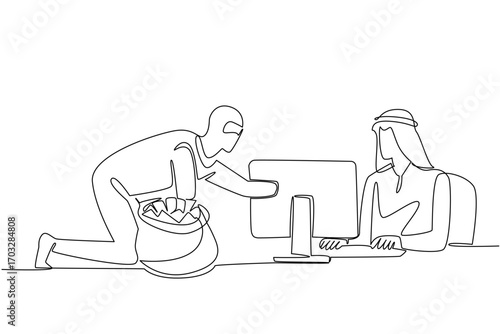 Single continuous line drawing arab man typing and thief putting money into money bag. Fatal system weakness. Hacking accounts. National Senior Fraud Awareness Day. One line design vector illustration
