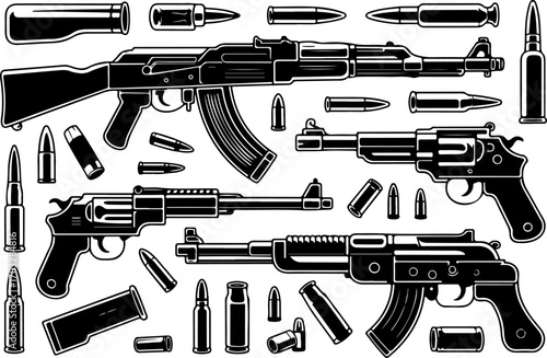 Black and White Gun and Ammunition Illustration Set