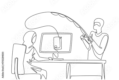 Single one line drawing an arab woman typing and thief fishing for credit card. Lack of concern for system security. National Senior Fraud Awareness Day. Continuous line design graphic illustration