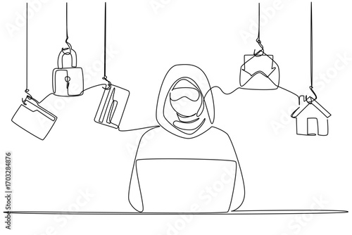 Single continuous line drawing masked thief wear hoodie typing on laptop and 5 important icons. Hack multiple accounts at once. National Senior Fraud Awareness Day. One line design vector illustration