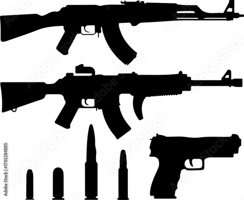 Detailed Black and White Firearm and Bullet Illustration Set