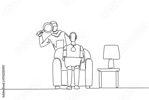 Single continuous line drawing robot sits on sofa holding laptop and masked thief uses a magnifier. Observe before breaking in. National Senior Fraud Awareness Day. One line design vector illustration