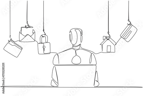 Single continuous line drawing robot typing on laptop and 5 important icons. Intelligence to secure multiple accounts. Secure. National Senior Fraud Awareness Day. One line design vector illustration