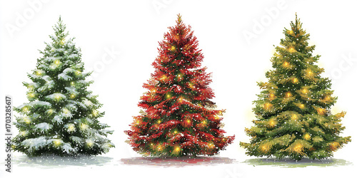Three decorated christmas trees in a row with white background