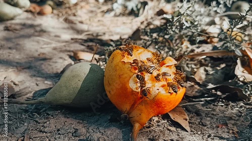 A close-up of many bees crawling on a very ripe pear. Broll. Time-lapse video.	