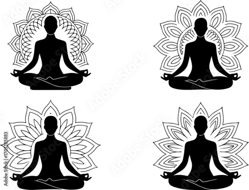 "Meditation Silhouettes – Yoga Lotus Pose with Mandala Designs"