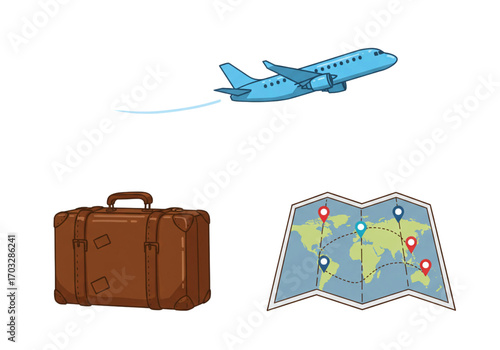 Minimal travel icons, suitcase, airplane, map, isolated vector.
