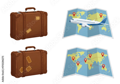 Minimal travel icons, suitcase, airplane, map, isolated vector.