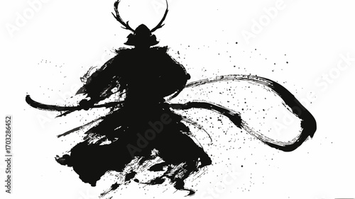 Japanese samurai warrior ink painting in black brush strokes with traditional Asian calligraphy art style