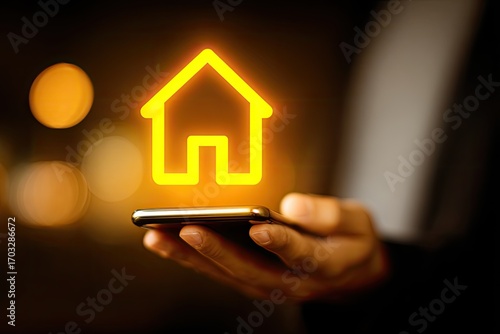 Hand holds phone, glowing home icon