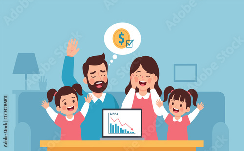 Family Celebrating Financial Success Overcome Debt with Laptop Graphics