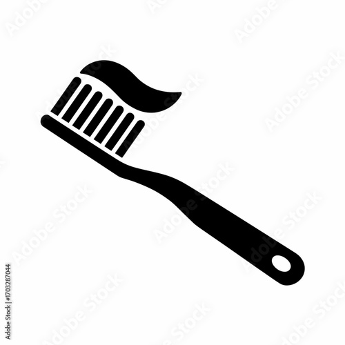 Simple Black Silhouette of a Toothbrush with a Swirl of Toothpaste on Bristles, Icon for Dental Hygiene