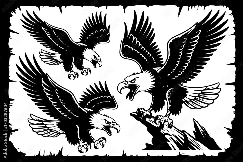Obraz premium Rock and Roll Guns with Wings and Crown – Bold Black and White Graphic
