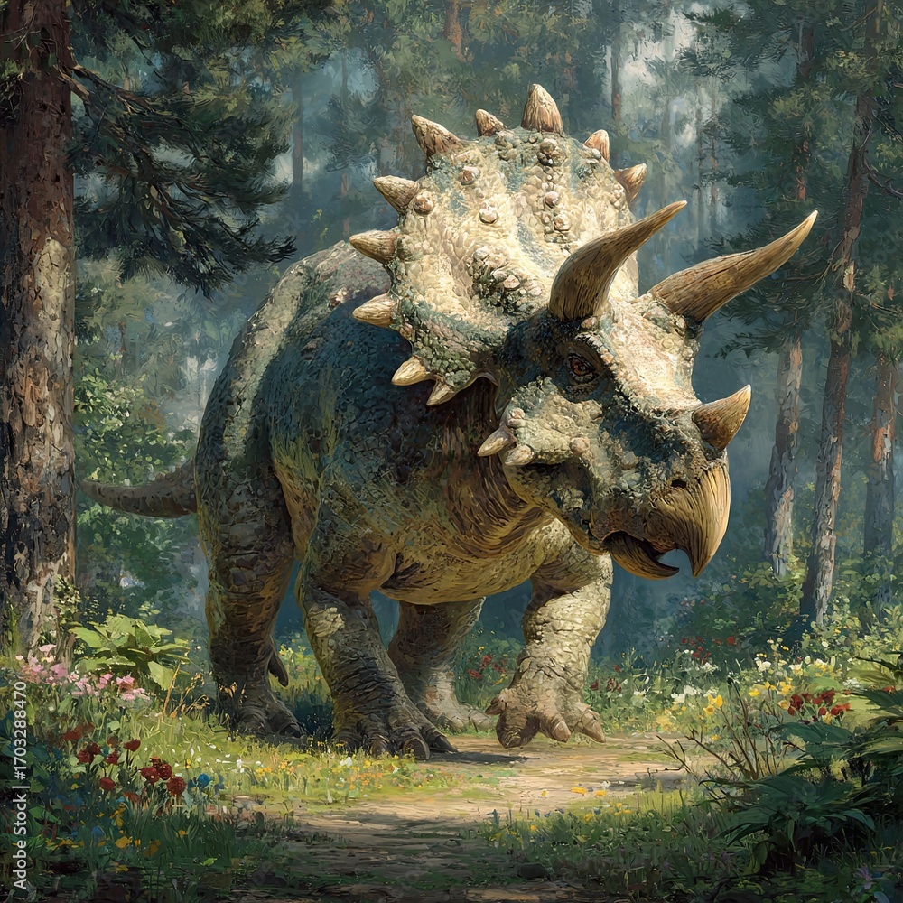 Fototapeta premium Triceratops, a giant dinosaur from the Jurassic period, walking through the forest on a sunny summer day. A wild lizard grazes in a children's dino park.