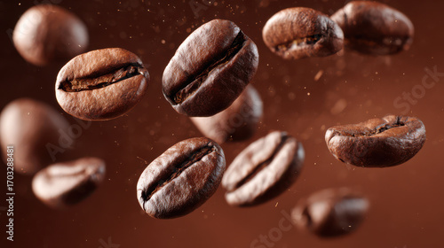 Close up of roasted coffee beans falling in the air with brown background for caffeine and espresso concept
