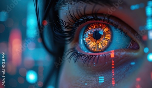 Close-up of a human eye with vibrant orange iris, surrounded by digital data visuals, symbolizing technology