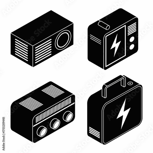 Isometric Illustration of Electrical Devices Generators, Radios, and Power Sources