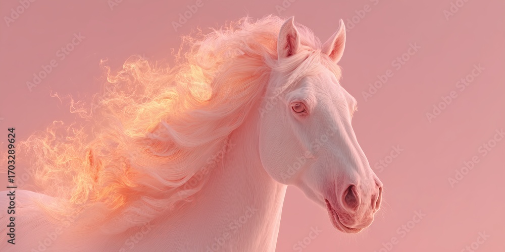 Naklejka premium Pastel Fire Horse with glowing mane on soft pink background. Minimal surreal portrait radiates gentle zodiac spirit.
