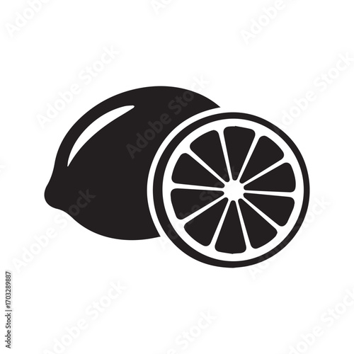 Lemon and slice icon. Black citrus fruit silhouette, simple vector graphic for fresh food, juice or lemonade.
