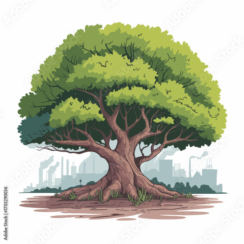 Large Tree Standing Tall Against an Industrial City Landscape Cartoon Illustration For Environmental Awareness And Nature Preservation