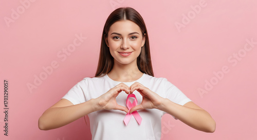 Smiling woman making a heart shape around a pink ribbon for breast cancer awareness. Concept of love and support.