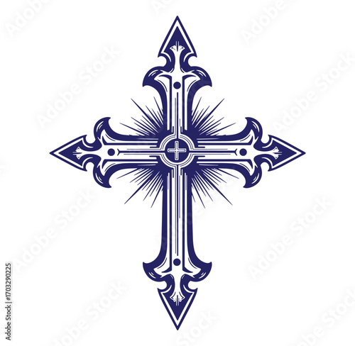 Intricate blue christian cross with sunburst design on a pure white background