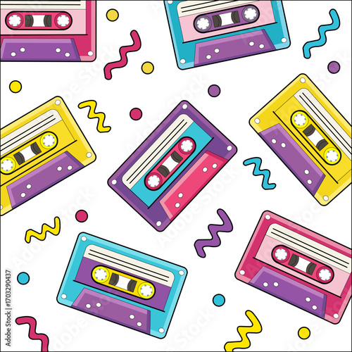 Retro Cassette Tape Seamless Pattern – Colorful Vintage Music Illustration