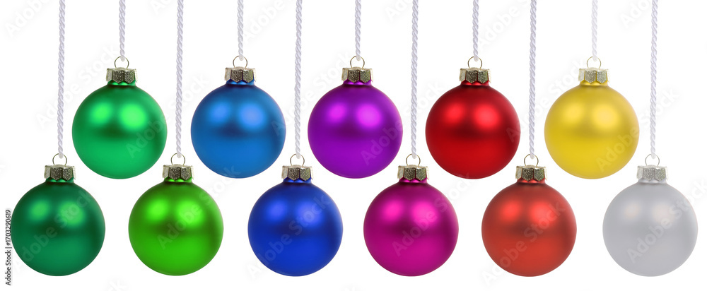 Fototapeta premium Christmas balls many baubles banner decoration ornaments hanging isolated on white