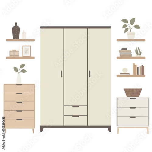 Minimalist Bedroom Interior with Wardrobe Dressers and Shelves for Home Decor Inspiration and Furniture Arrangement Ideas