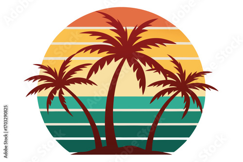 Three dark palm trees stand against a retro sunset circle with colored bands