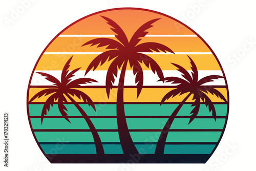 Three burgundy palm trees cast shadows on a warm, retro sunset landscape with a transparent background