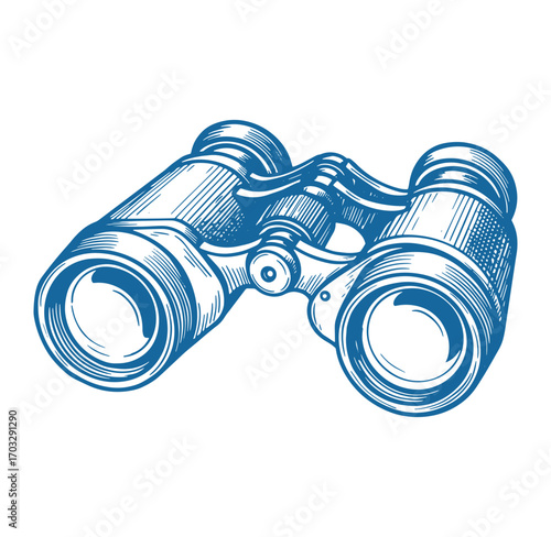 Intricate blue engraved illustration of classic binoculars for observation and discovery