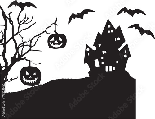 Spooky Halloween scene with haunted house bats and jack o lanterns silhouette