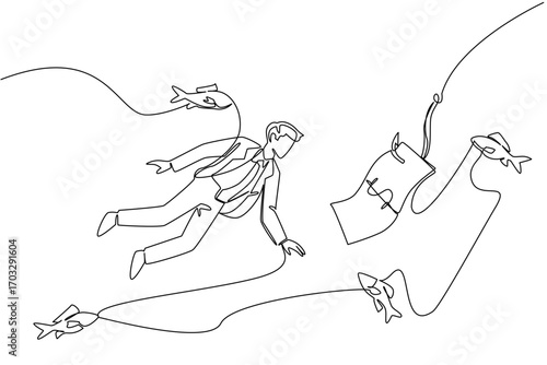 Single continuous line drawing businessman swims and reaches for banknotes attached to hook. Business traps that endanger business people. Detrimental. Money Bait. One line design vector illustration