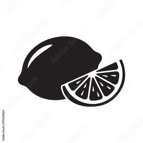 Lemon and slice icon. Black citrus fruit silhouette, simple vector graphic for fresh food, juice or lemonade.
