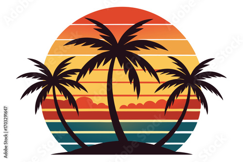 Three palm trees stand silhouetted against a retro striped sunset in a circle